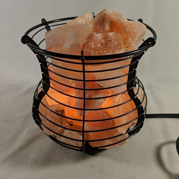 Himalayan Salt Lamp Pink Black Wire Basket Light Accent Lamp Metal Large Big - Picture 8 of 13